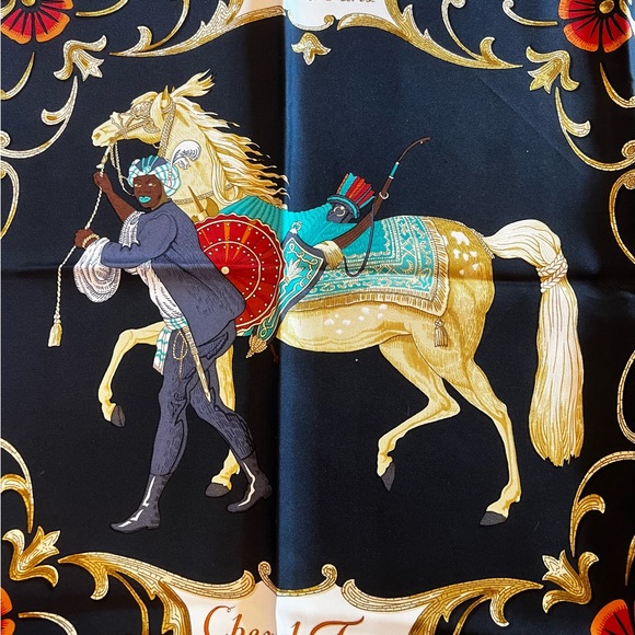 Hermes Scarf 90 "Cheval Turc" Turk Black, Gold, Red 100% Silk Scarf 35" Vintage - Picture 2 of 3